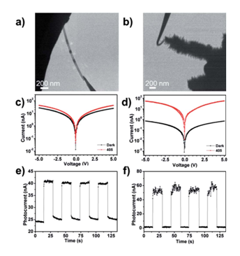 圖4：（a）（b）分別對應CdS納米帶和CdS/ZnO異質結安置在原位光學-光纖樣品桿中的TEM圖像。（c）（d）分別對應CdS納米帶和CdS/ZnO異質結I-V曲線的開關特性。（e）（f）分別對應CdS納米帶和CdS/ZnO異質結對周期性光信號的響應特性。