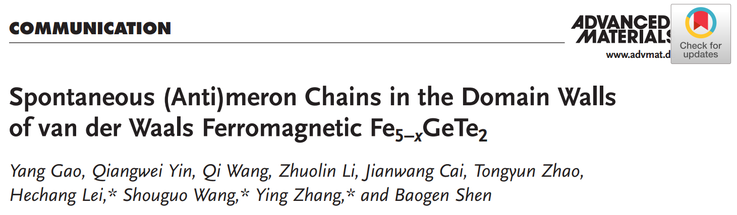 相關研究成果以“Spontaneous (Anti)meron Chains in the Domain Walls of van der Waals Ferromagnetic Fe5-xGeTe2”為題發表在《Adv. Mater.》上。